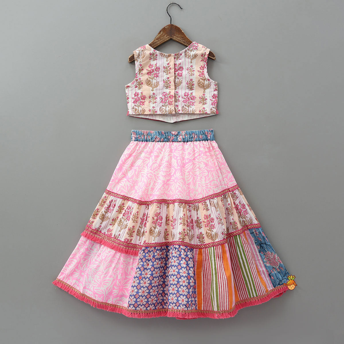 Hand Block Printed Cotton Crop Top And Lehenga With Dupatta