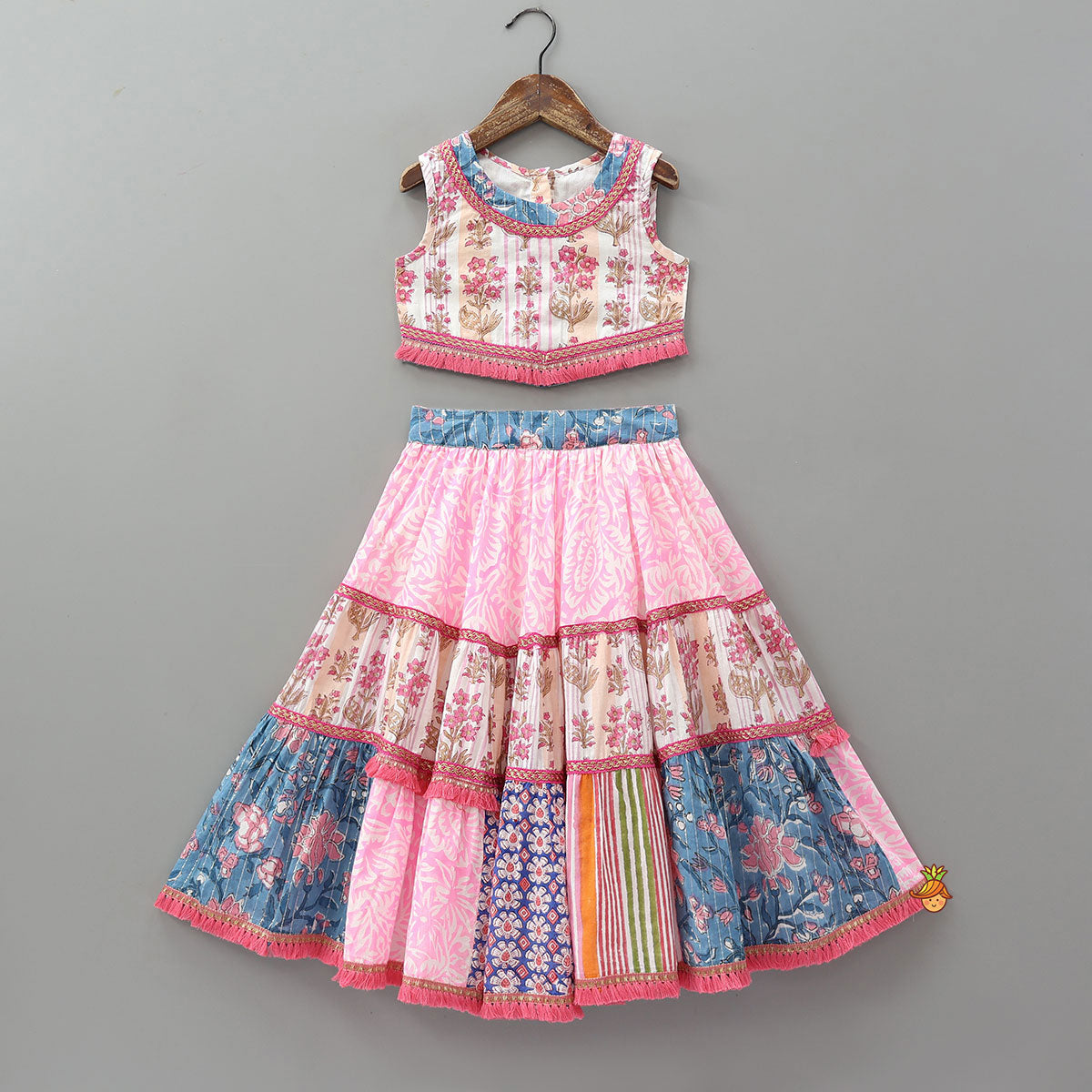 Hand Block Printed Cotton Crop Top And Lehenga With Dupatta
