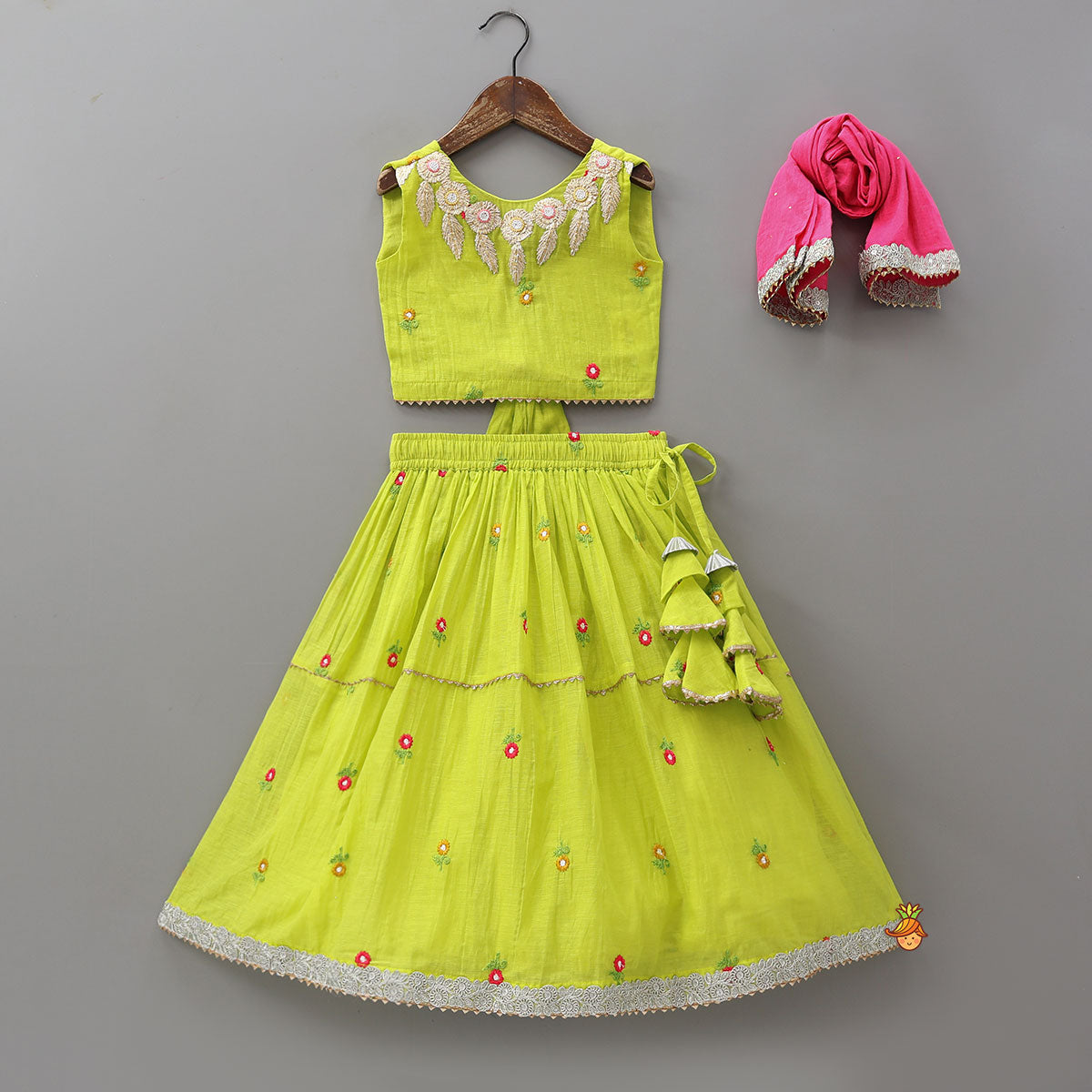 Floral Gota Work Round Neck Crop Top And Lehenga With Contrasting Dupatta