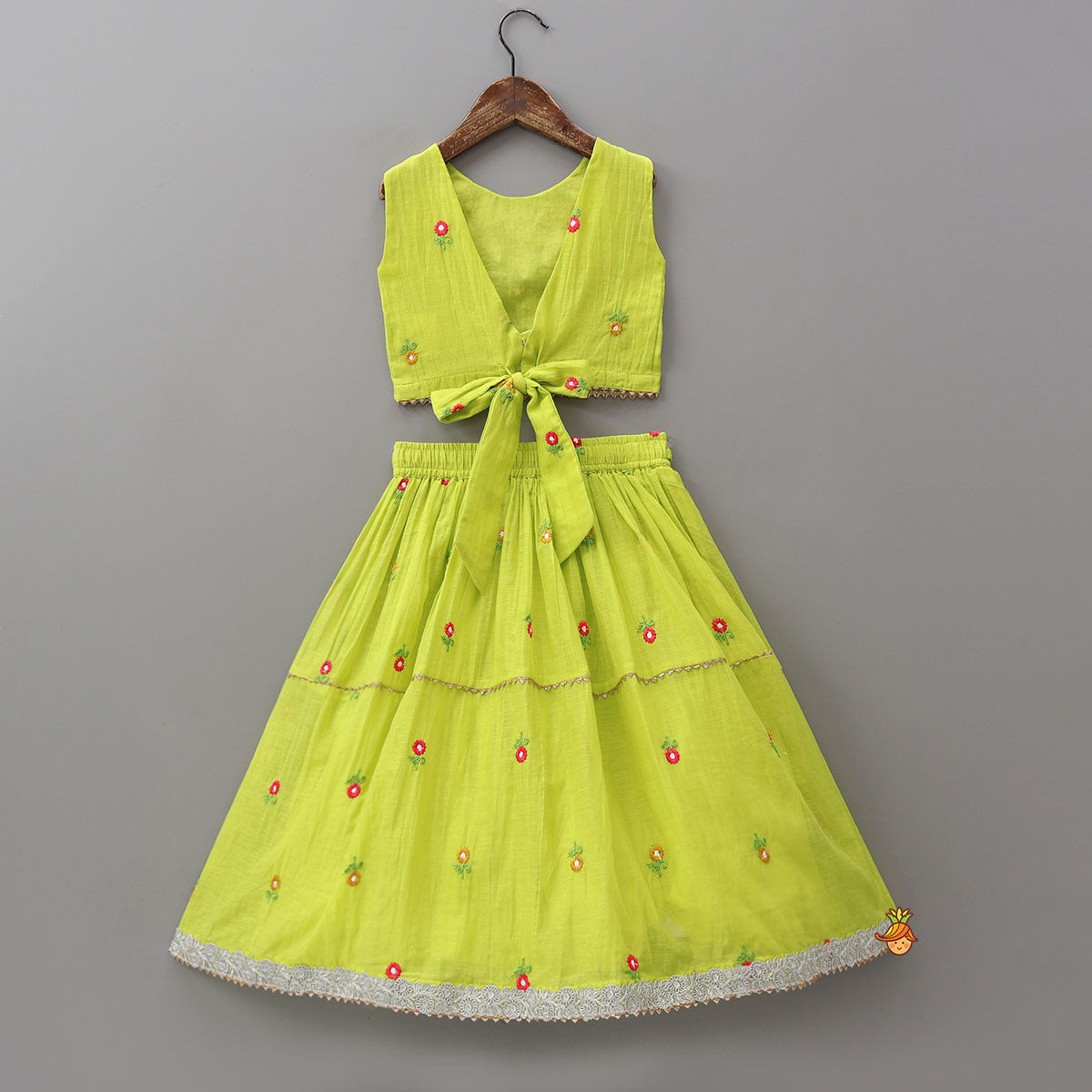 Floral Gota Work Round Neck Crop Top And Lehenga With Contrasting Dupatta