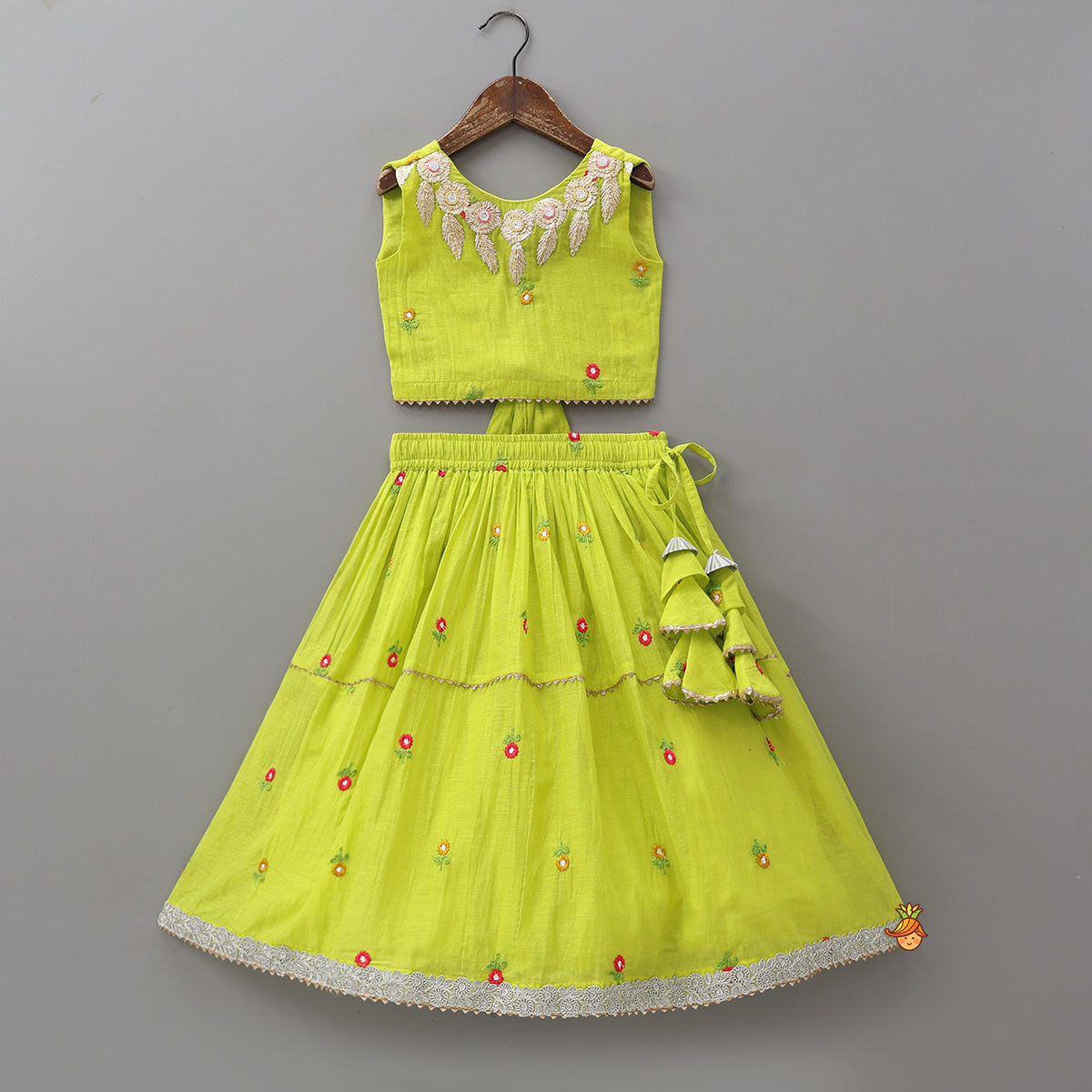 Floral Gota Work Round Neck Crop Top And Lehenga With Contrasting Dupatta