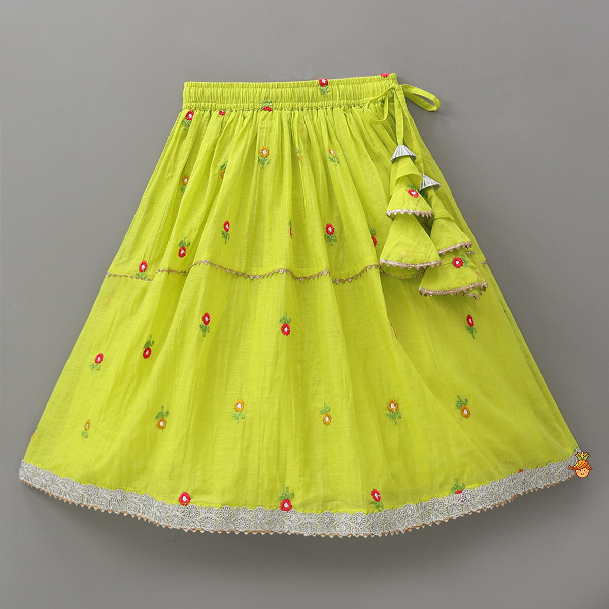 Floral Gota Work Round Neck Crop Top And Lehenga With Contrasting Dupatta