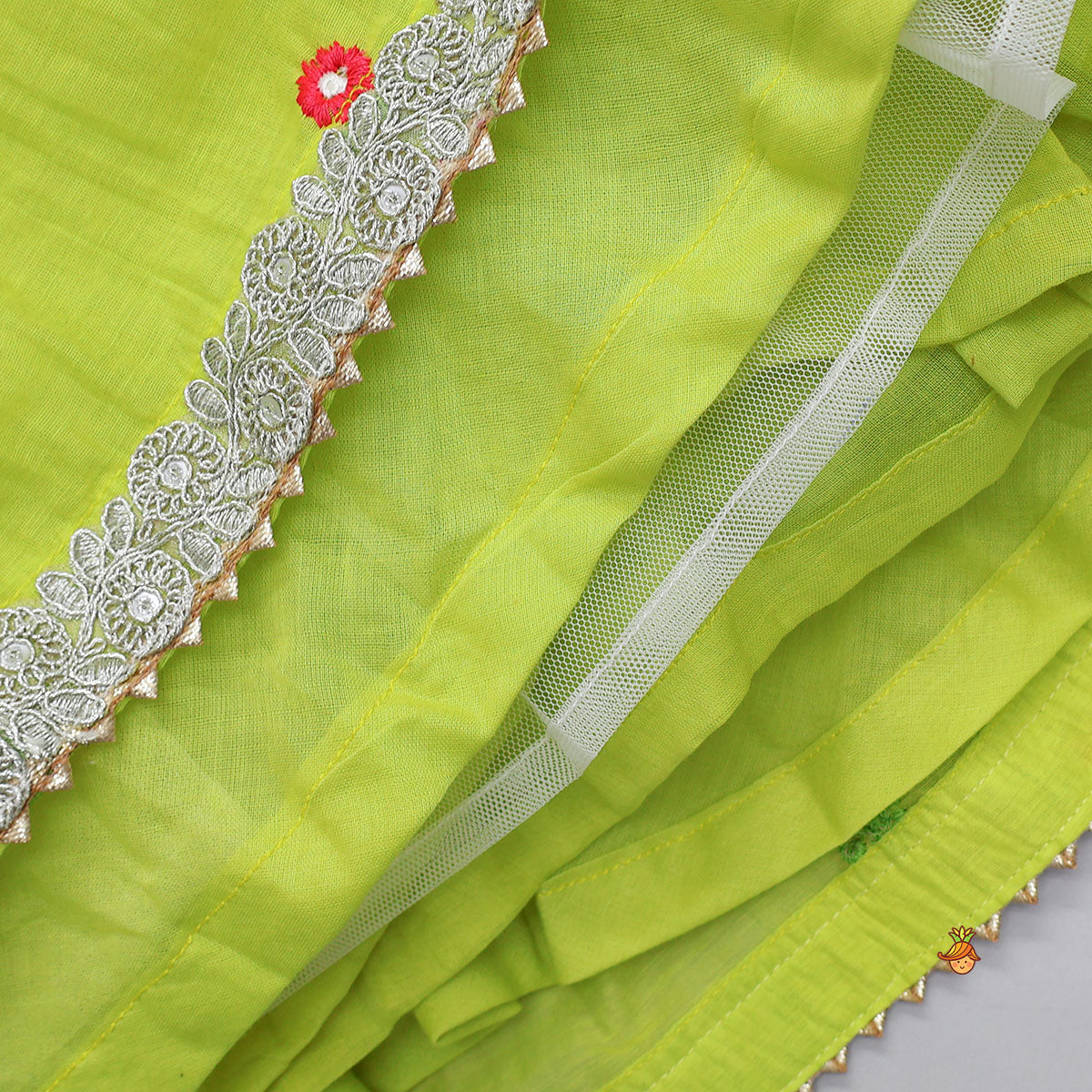 Floral Gota Work Round Neck Crop Top And Lehenga With Contrasting Dupatta