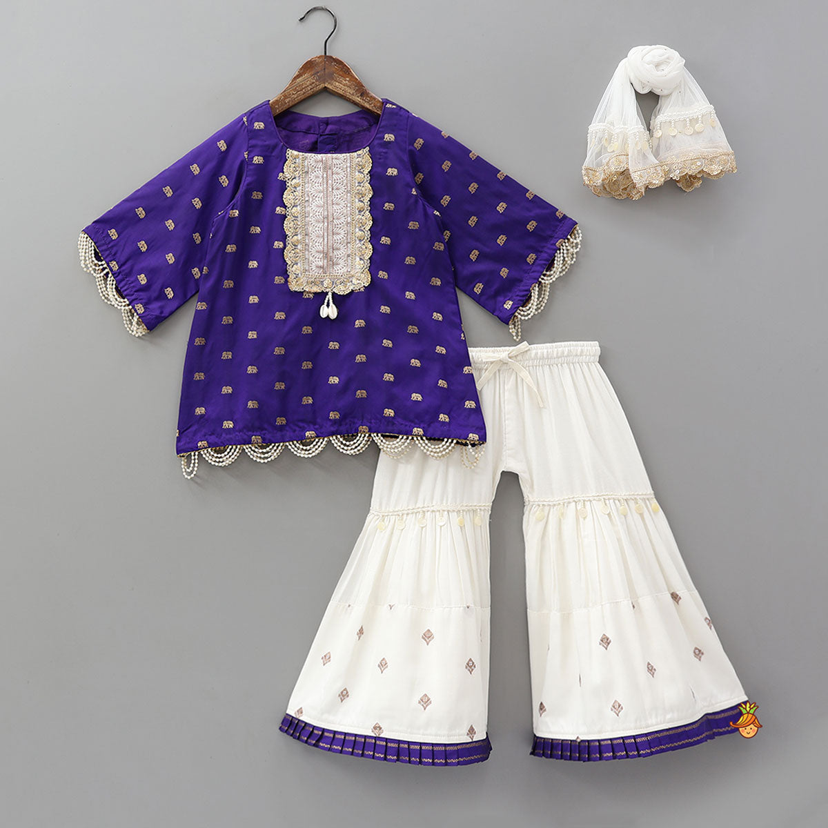 Lace Detailed Yoke Kurti And Sharara With Dupatta