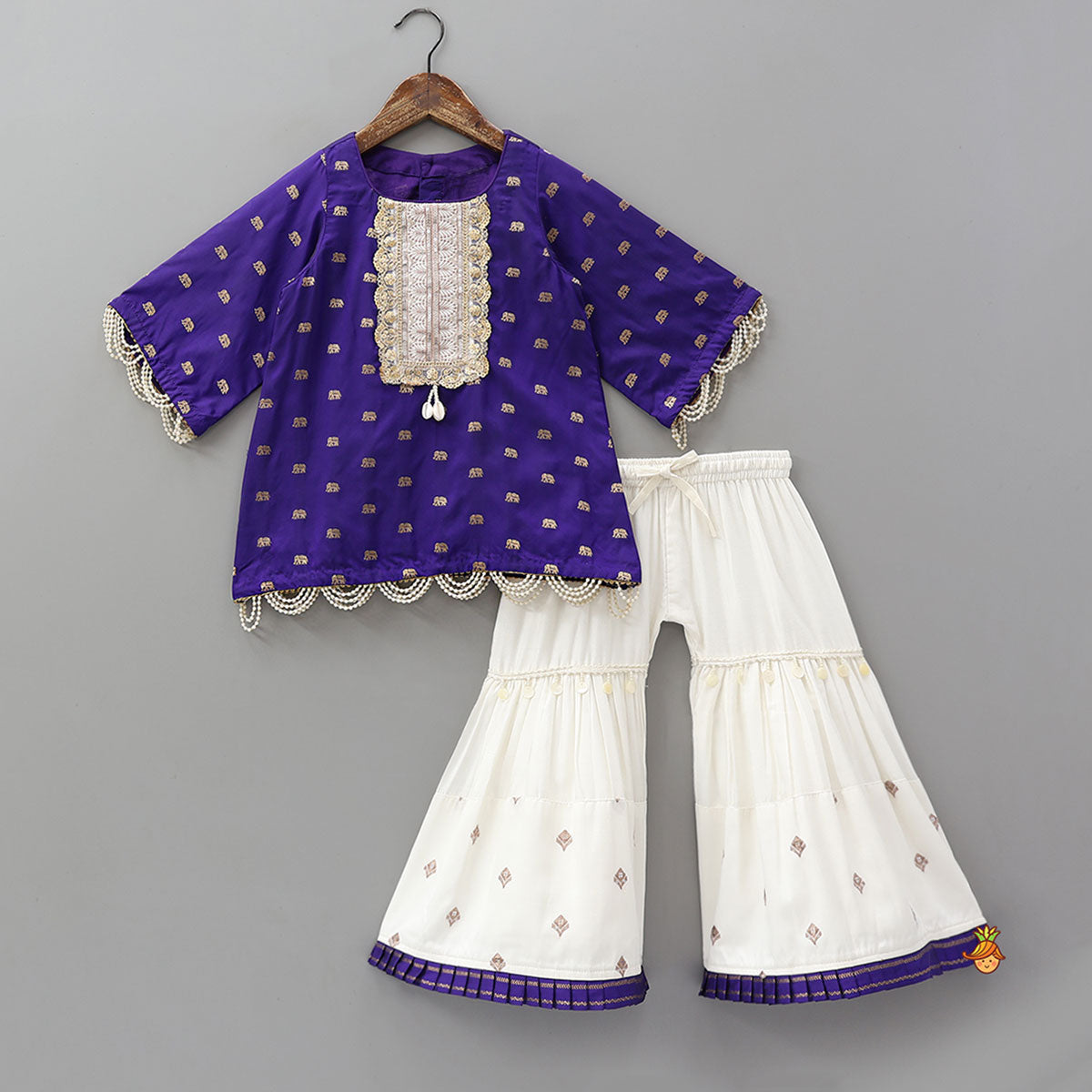 Lace Detailed Yoke Kurti And Sharara With Dupatta