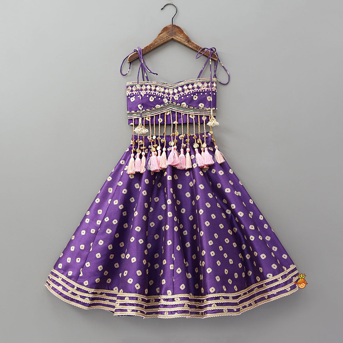 Festive Fringe Tassel Crop Top And Lehenga With Matching Hair Band
