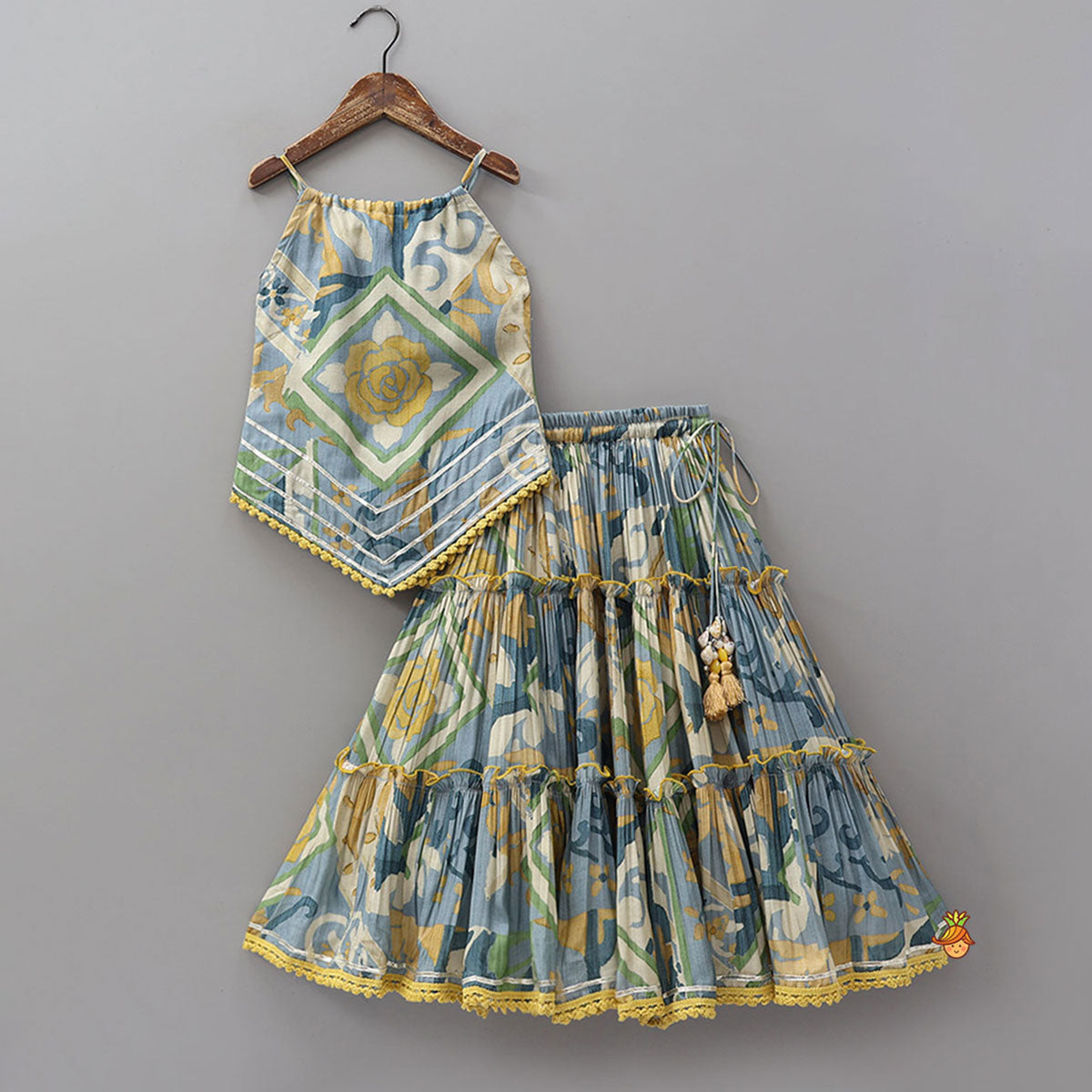 Asymmetric Printed Strappy Kurti And Lehenga