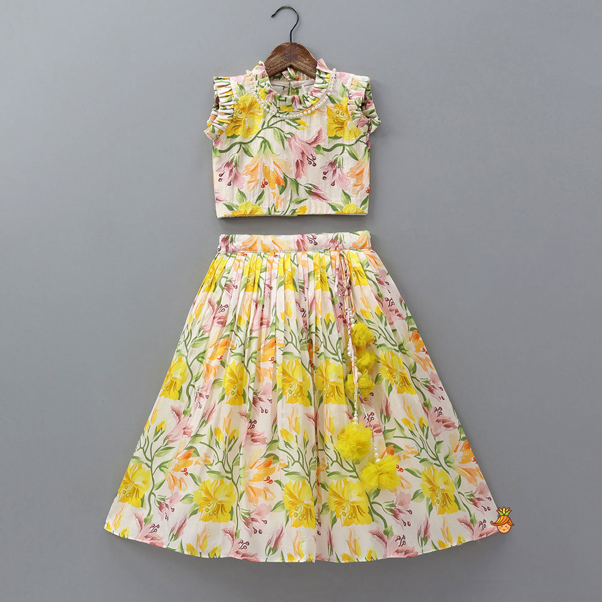 Chic Pleated Top With Printed Lehenga