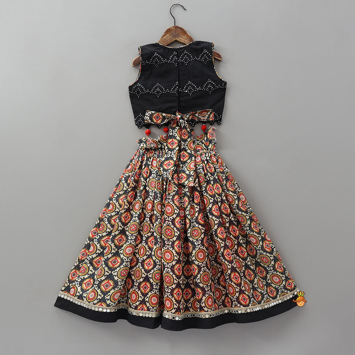 Faux Mirror Embroidered Crop Top And Printed Lehenga