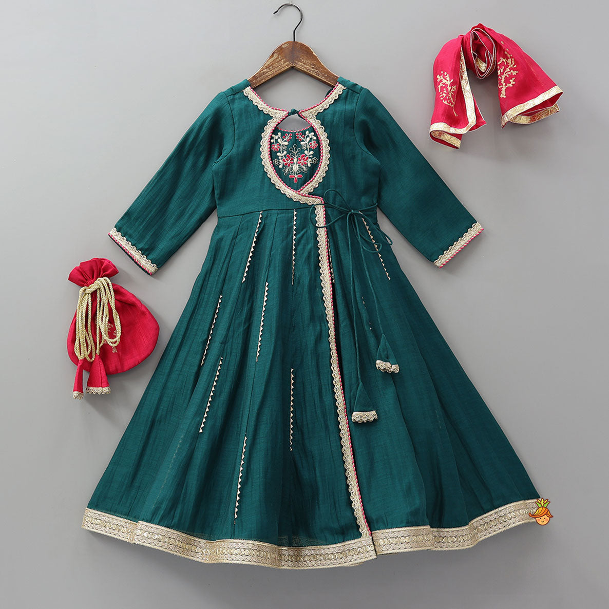 Round Neck Embroidered Yoke Anarkali With Contrasting Dupatta And Potli Bag