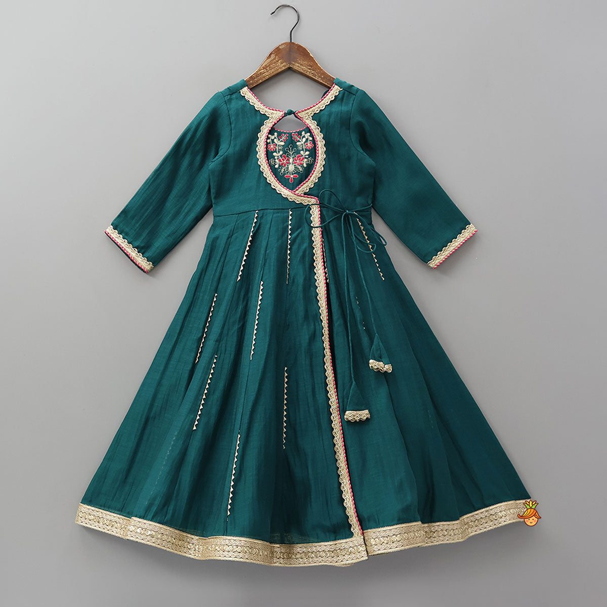 Round Neck Embroidered Yoke Anarkali With Contrasting Dupatta And Potli Bag