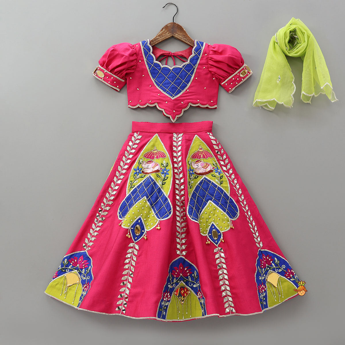 Scalloped Design Crop Top And Applique Work Lehenga With Dupatta