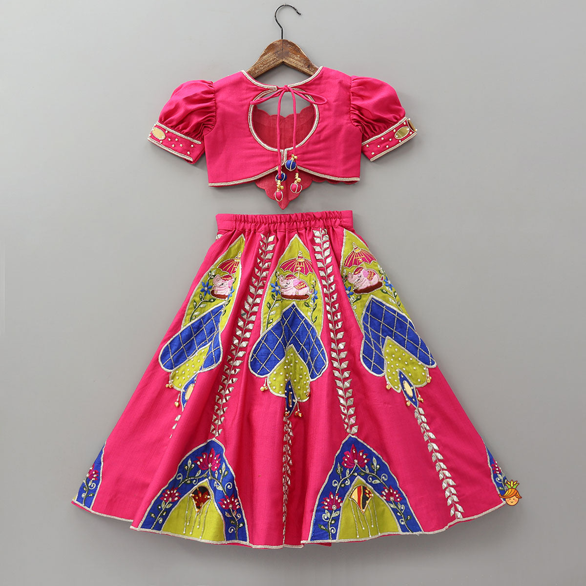 Scalloped Design Crop Top And Applique Work Lehenga With Dupatta