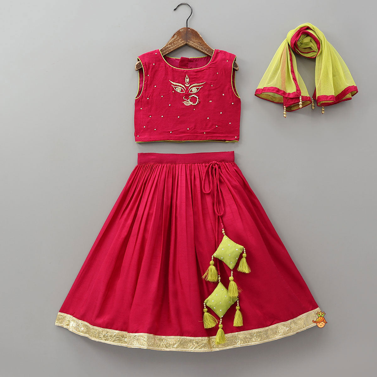 Goddess Durga Embroidered Top And Contrasting Tassel Detail Lehenga With Dupatta