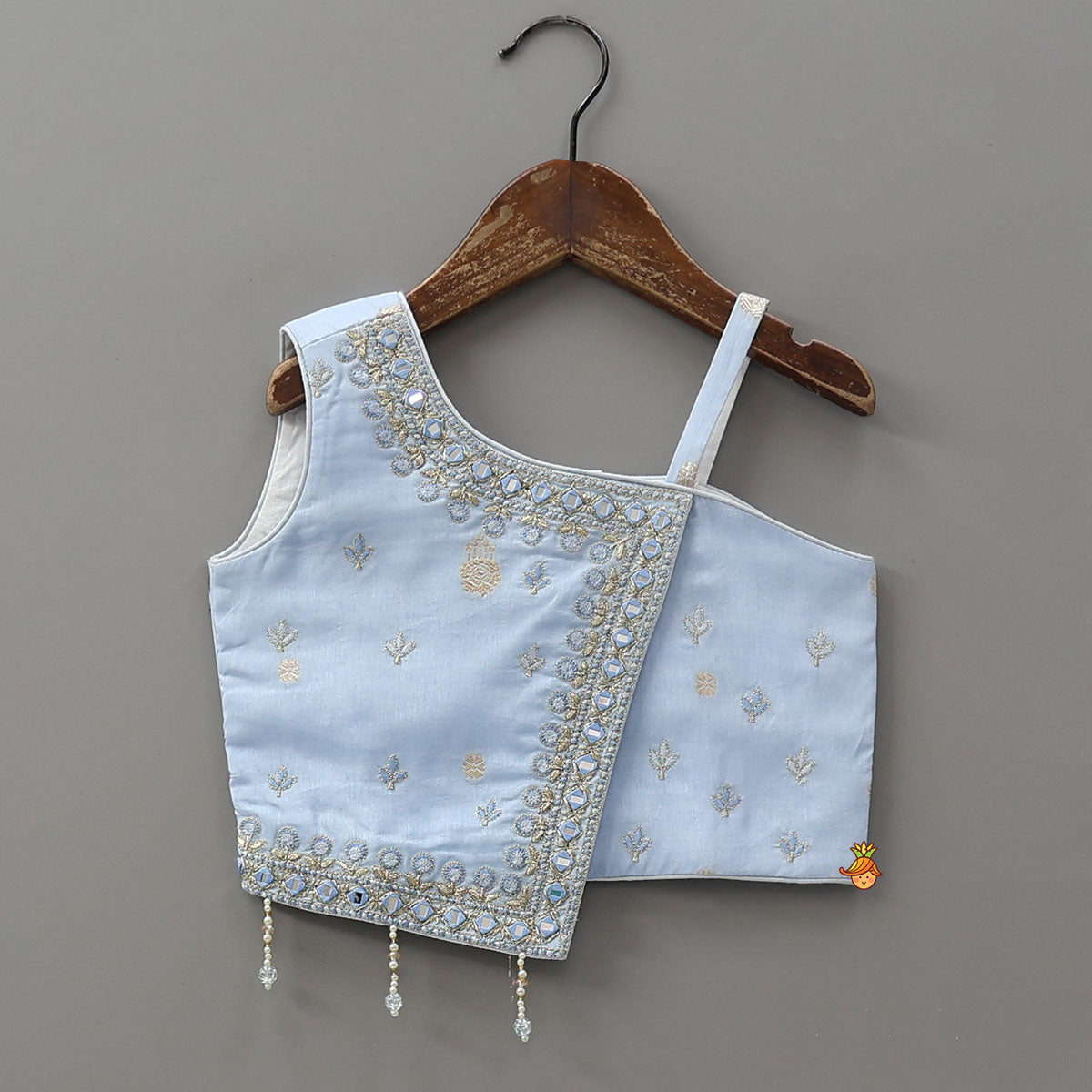 Mirror Embellished Flap Crop Top And Lehenga With Dupatta