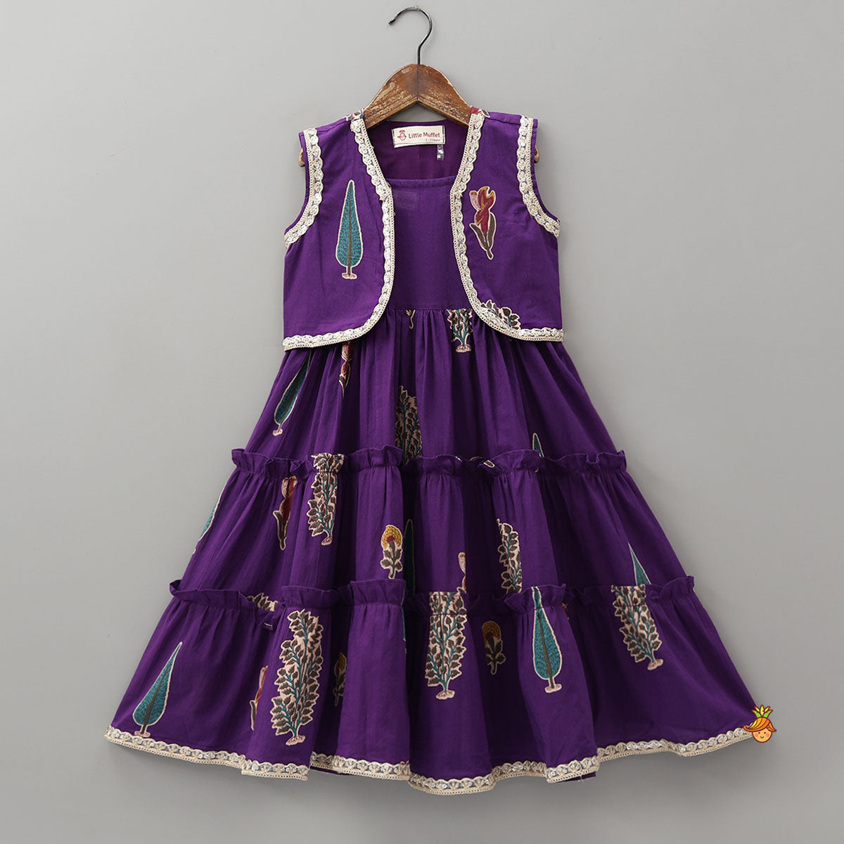 Strappy Printed Tiered Kurti With Lace Detail Jacket