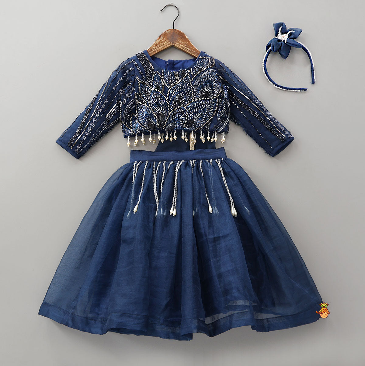 Heavy Embroidered Drape Crop Top And Lehenga With Matching Hair Band
