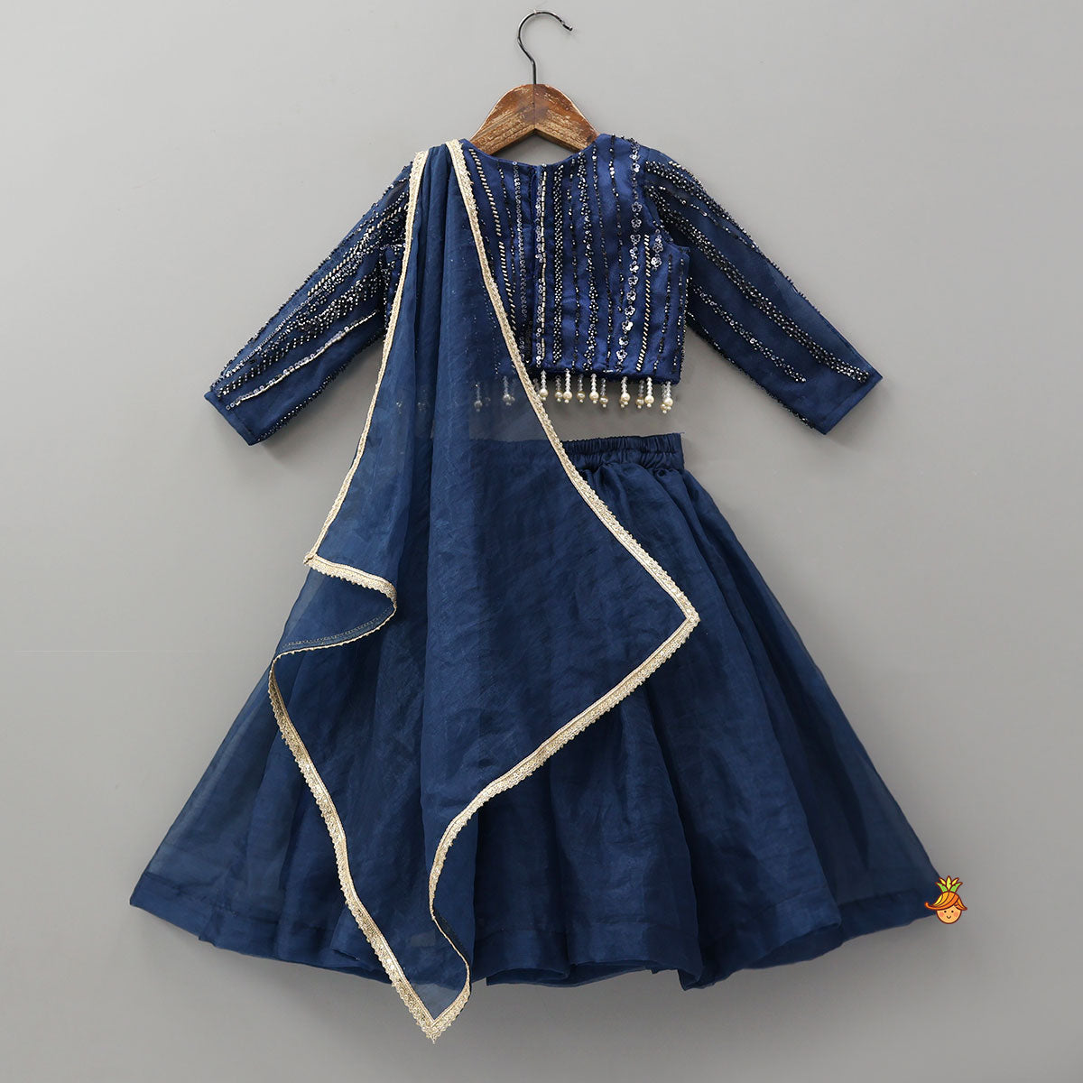 Heavy Embroidered Drape Crop Top And Lehenga With Matching Hair Band
