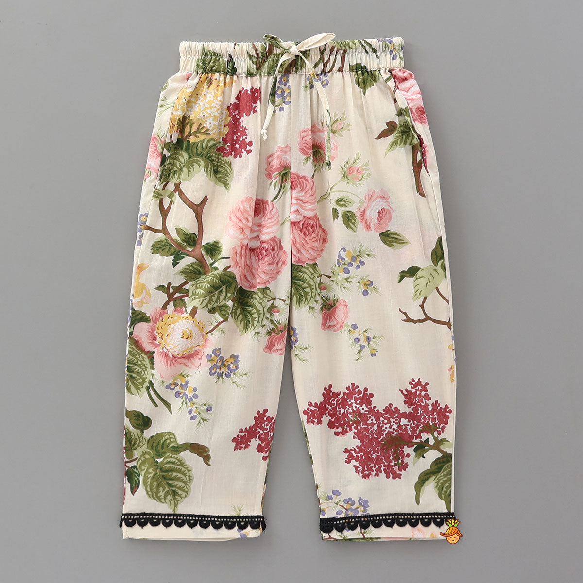 Hand Block Floral Printed Lace Work Kurti And Pant
