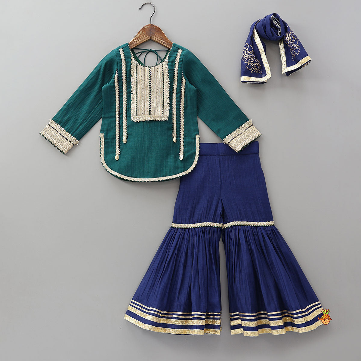 Lace Detailed Curved Hem Elegant Kurti And Sharara With Dupatta