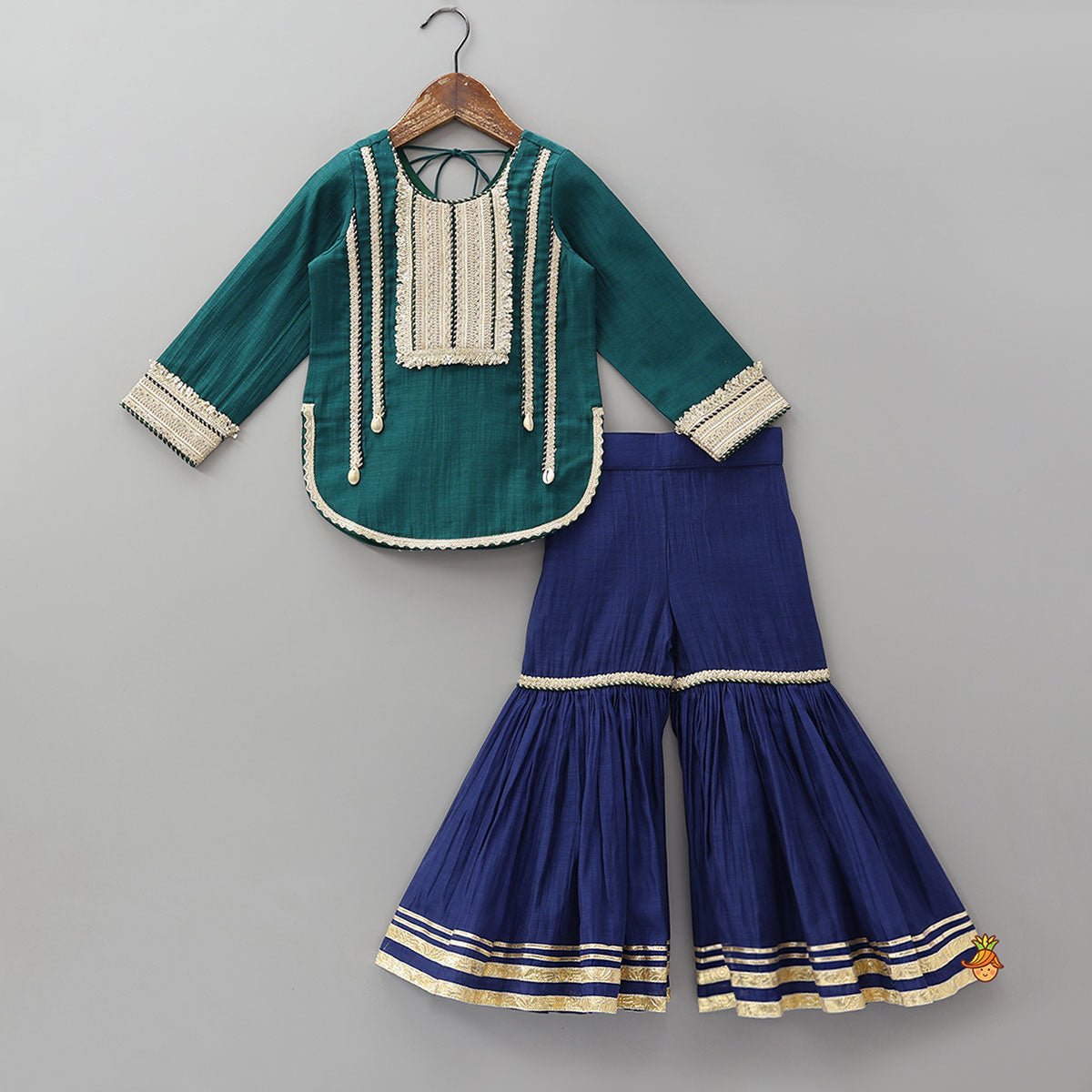 Lace Detailed Curved Hem Elegant Kurti And Sharara With Dupatta