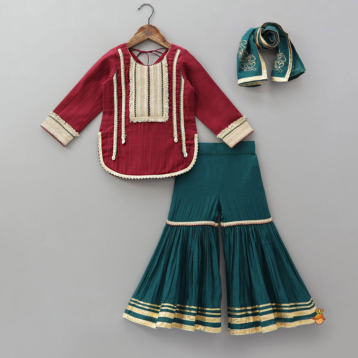 Lace Detailed Beautiful Kurti And Sharara With Dupatta