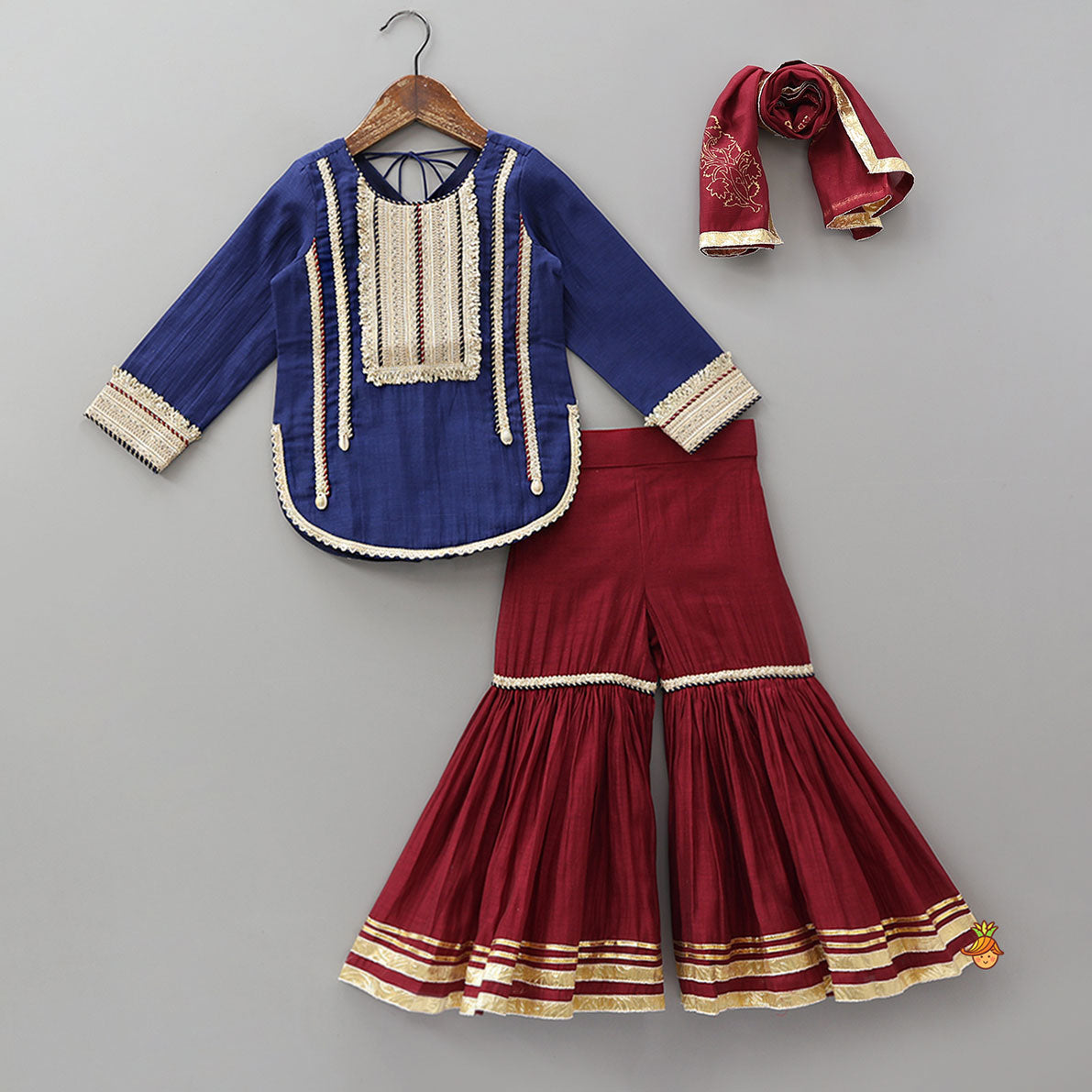 Lace Detailed Curved Hem Beautiful Kurti And Sharara With Dupatta
