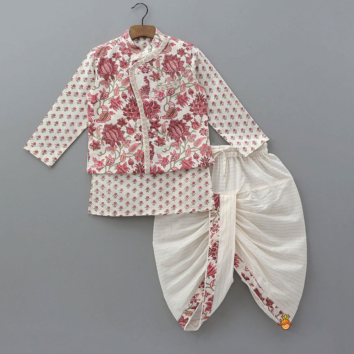 Floral Printed Kurta And Matching Jacket With Lurex Striped Dhoti