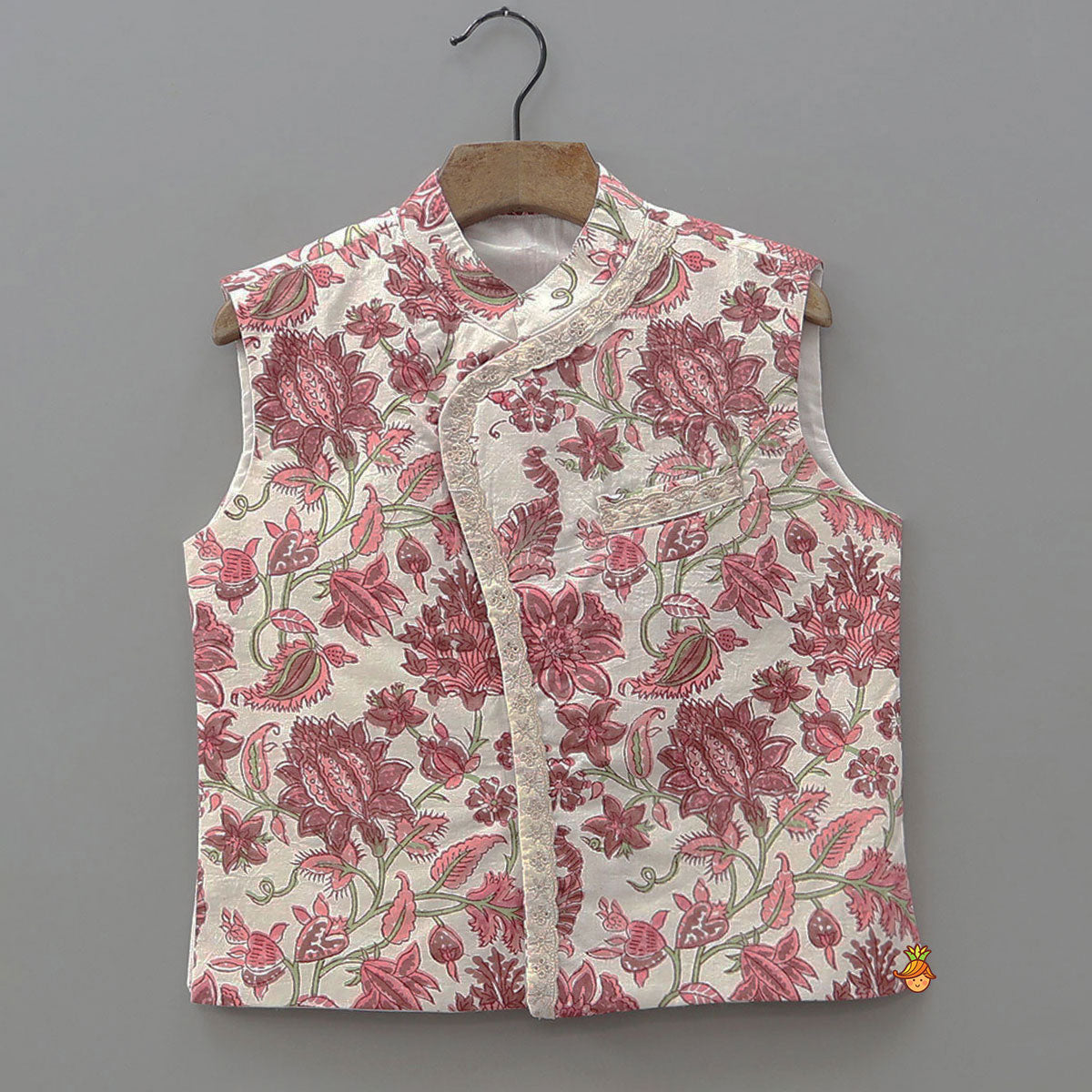 Floral Printed Kurta And Matching Jacket With Lurex Striped Dhoti