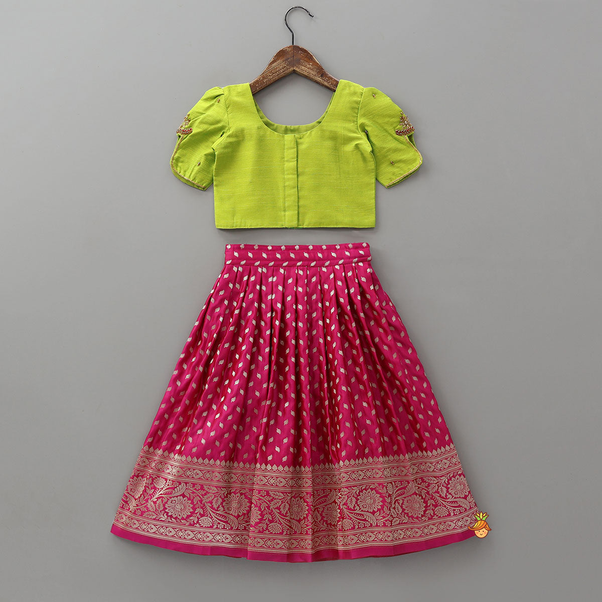 Embroidered Crop Top And Brocade Pleated Lehenga