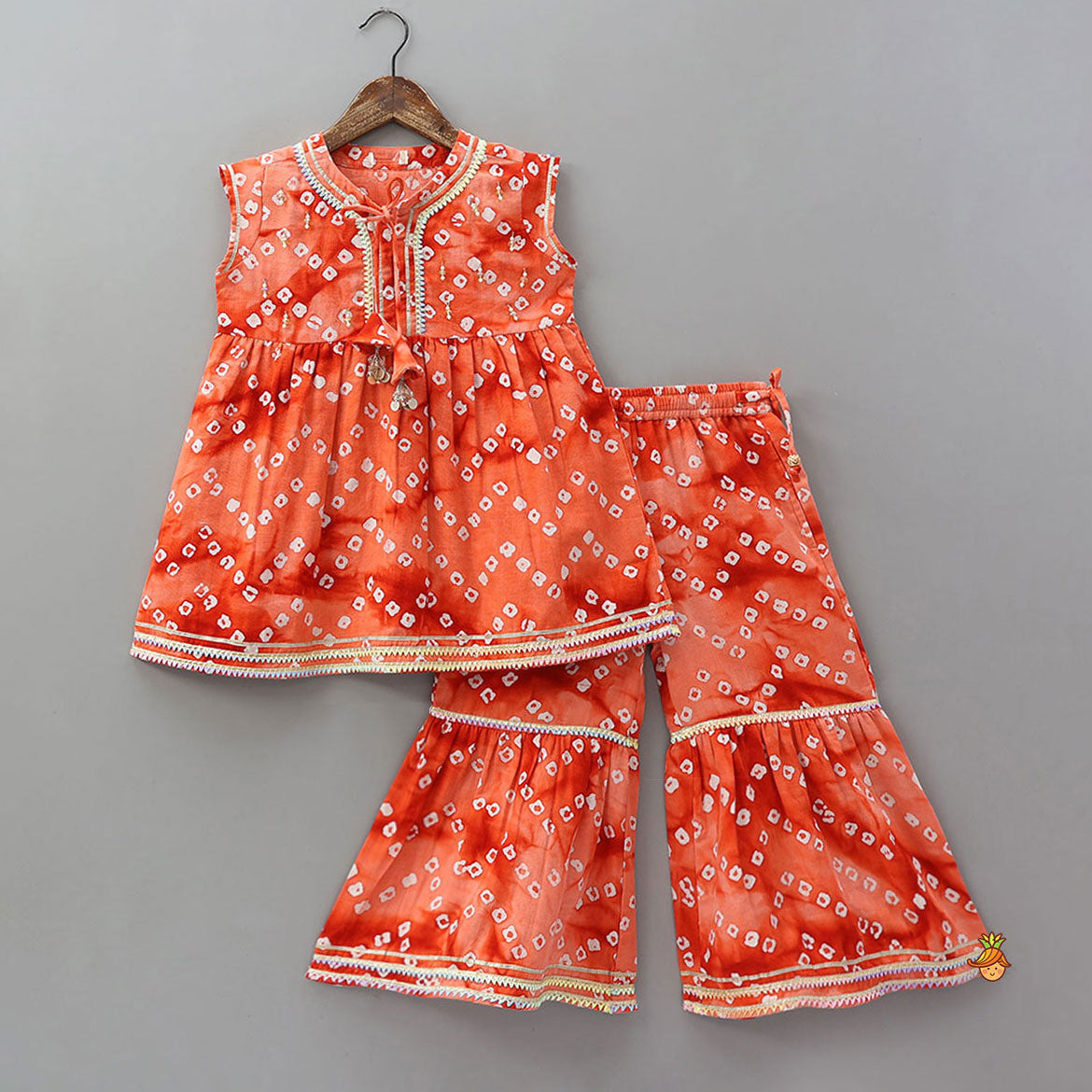 Front Tie Up Bandhani Printed Ethnic Kurti And Sharara