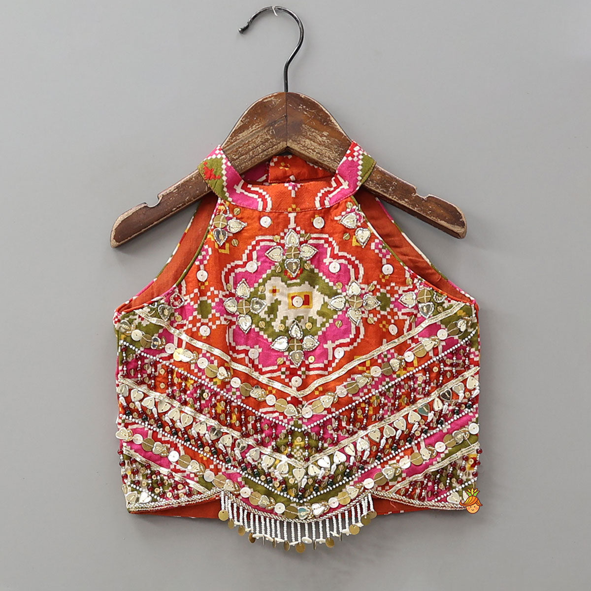 Halter Neck Heavily Embroidered Top And Lehenga With Dupatta And Potli Bag