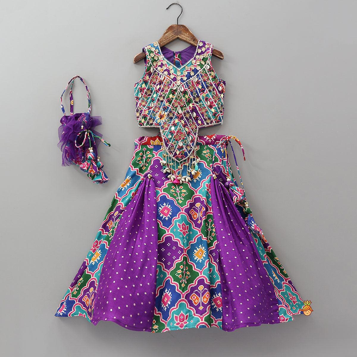 Heavily Embroidered Colourful Top And Lehenga With Potli Bag