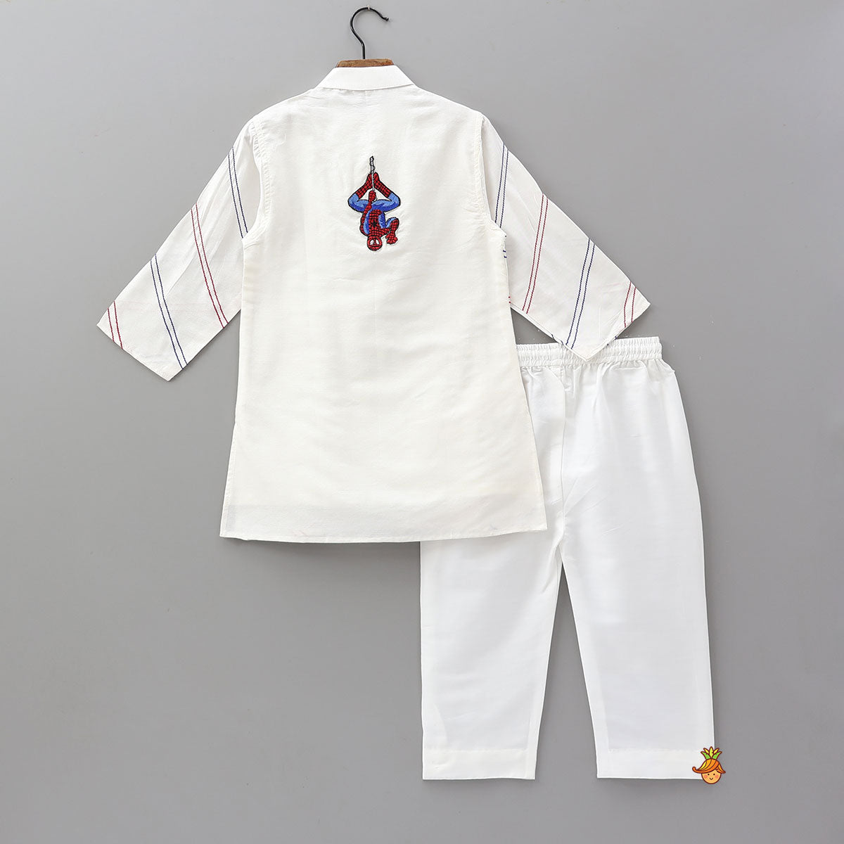 Spider Man Embroidered Striped Kurta And Pyjama