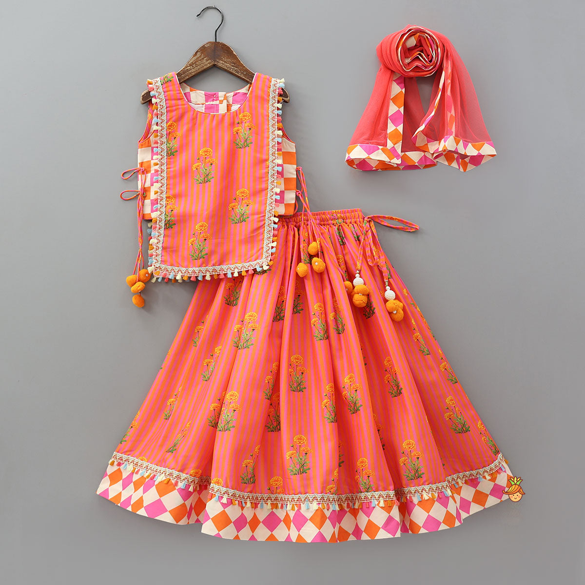 Checks Printed Flap Top And Lehenga With Dupatta