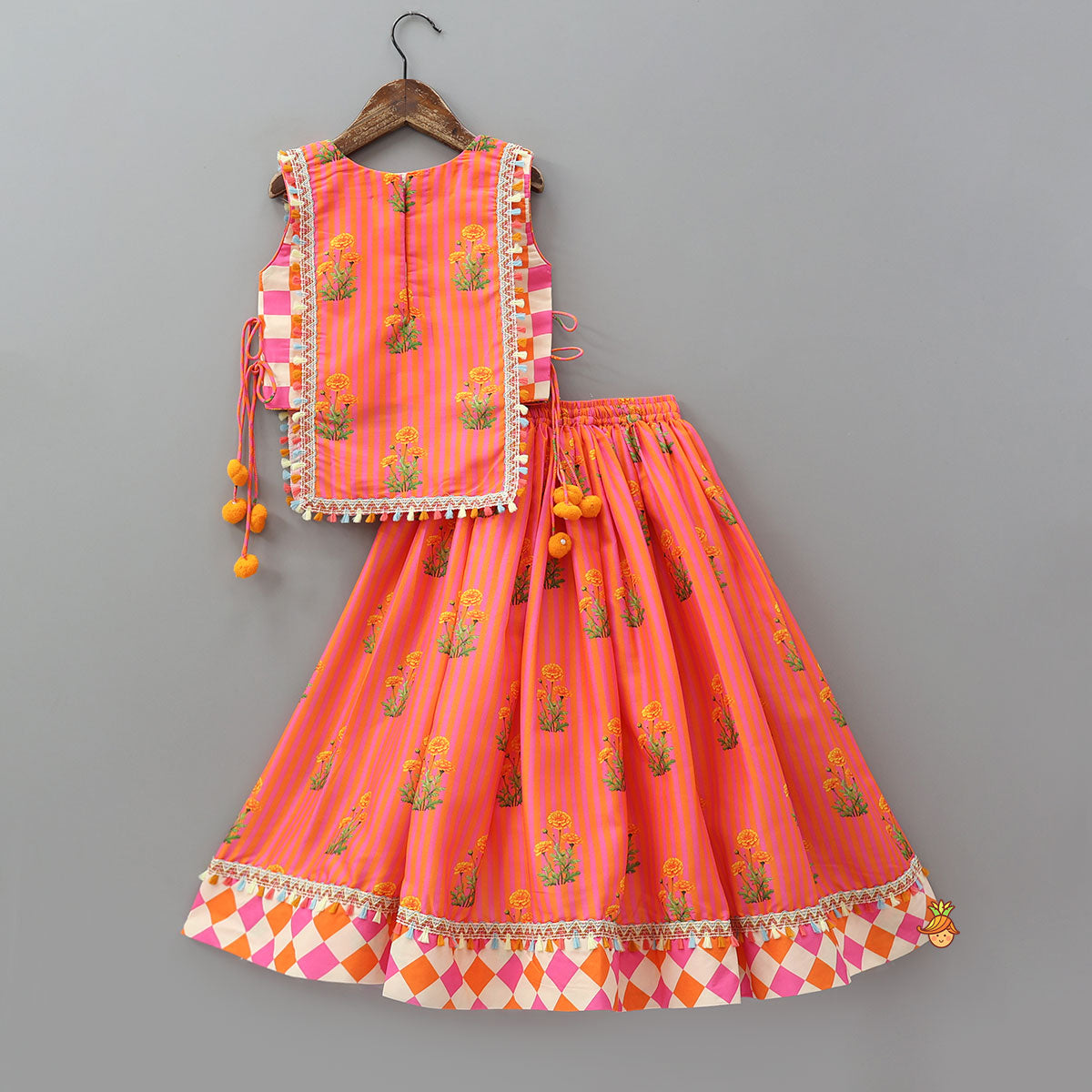 Checks Printed Flap Top And Lehenga With Dupatta