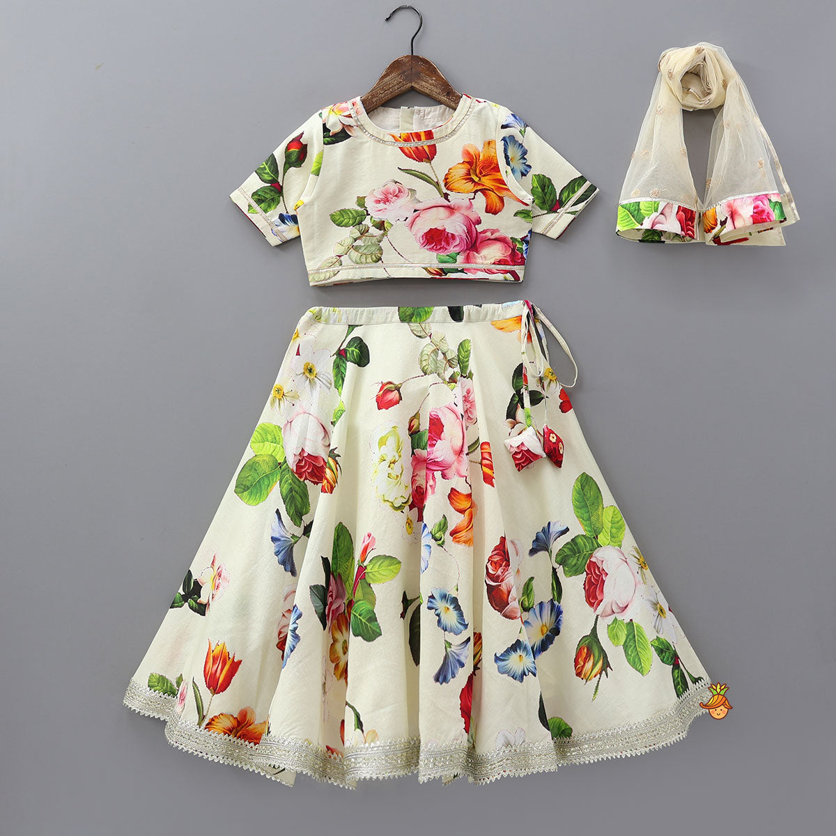 Classic Floral Printed Top And Lehenga With Net Dupatta