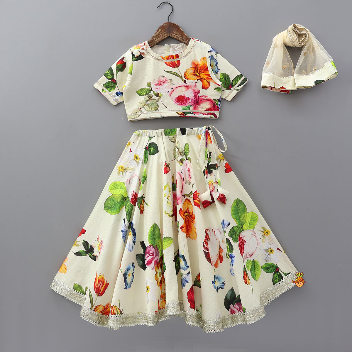 Classic Floral Printed Top And Lehenga With Net Dupatta