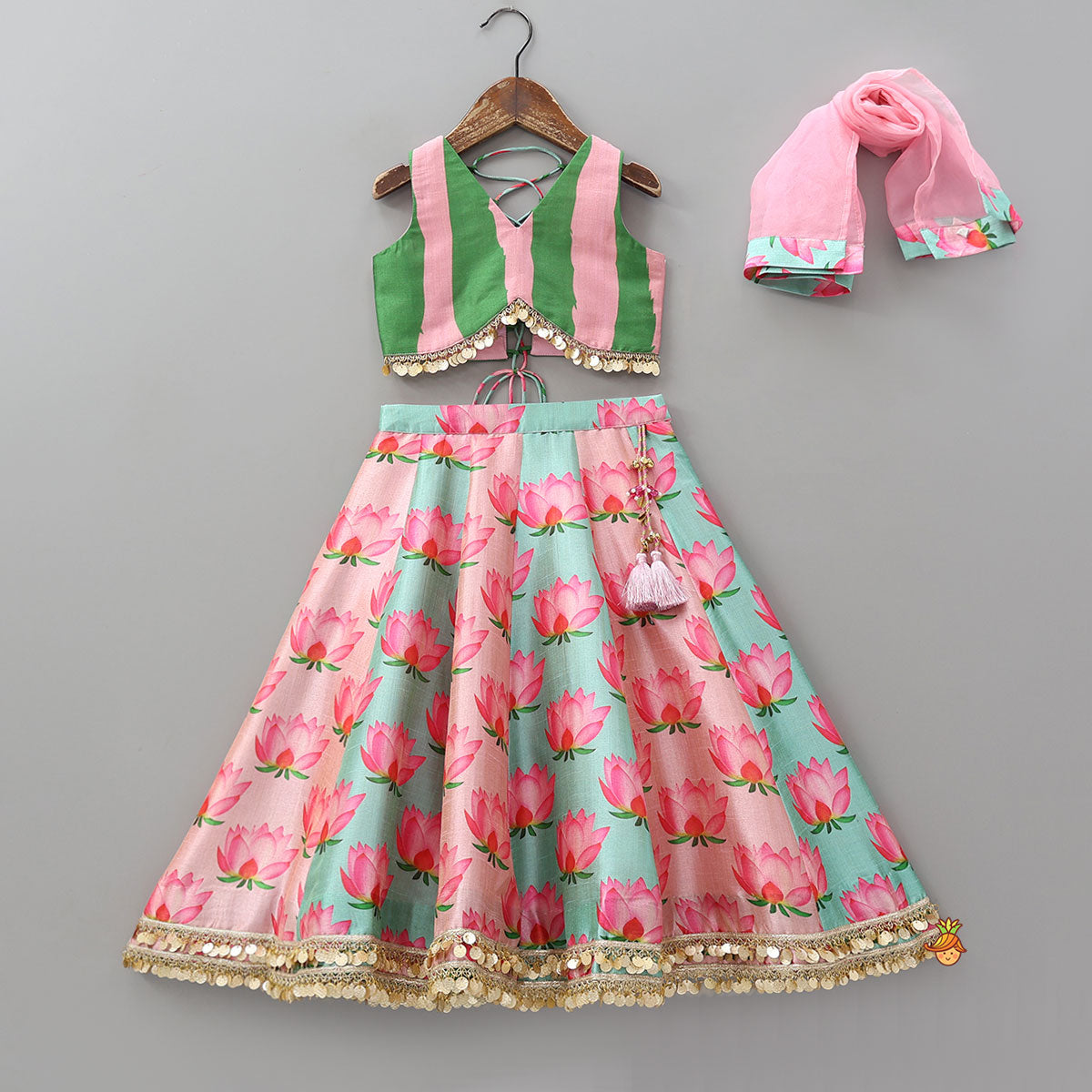 Criss Cross Knot Detail Crop Top And Floral Printed Lehenga With Dupatta
