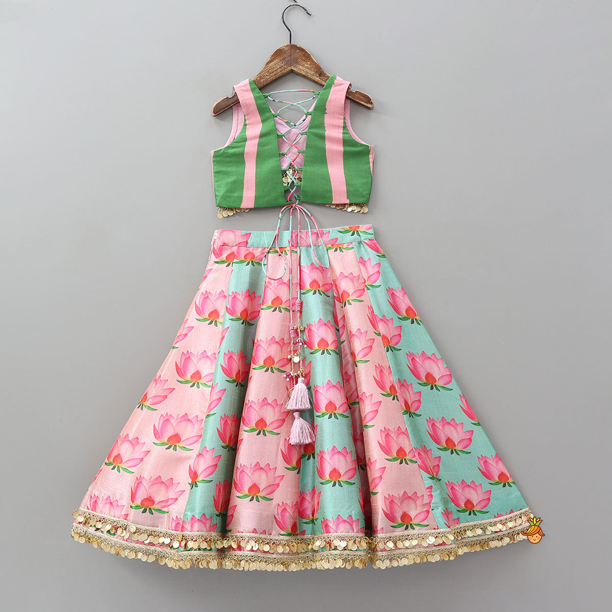 Criss Cross Knot Detail Crop Top And Floral Printed Lehenga With Dupatta