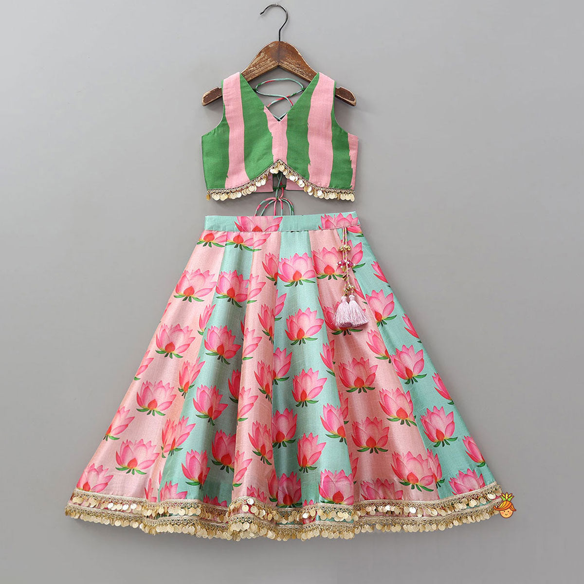 Criss Cross Knot Detail Crop Top And Floral Printed Lehenga With Dupatta