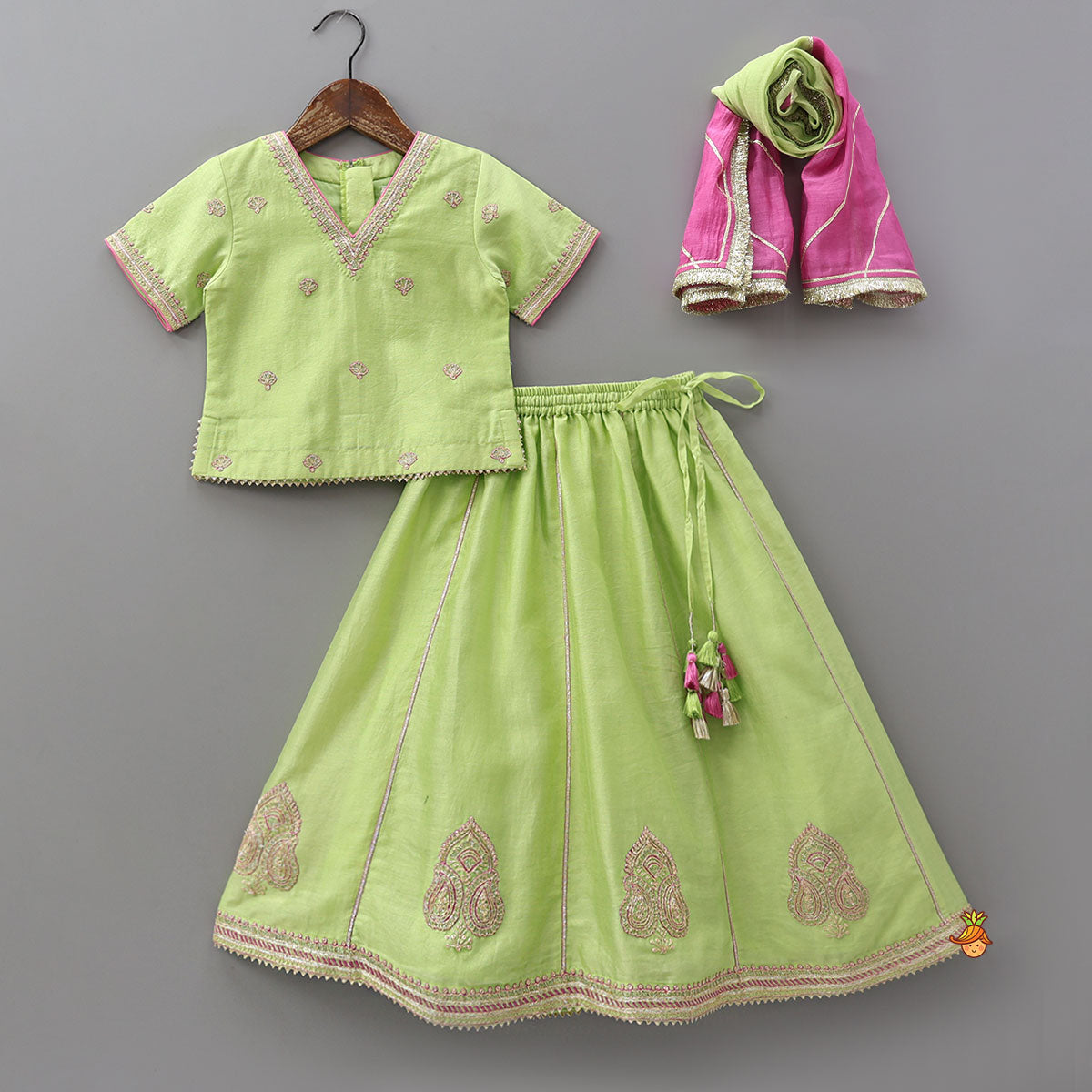 V Neck Booti Embroidered Elegant Top And Lehenga With Dual Tone Dupatta