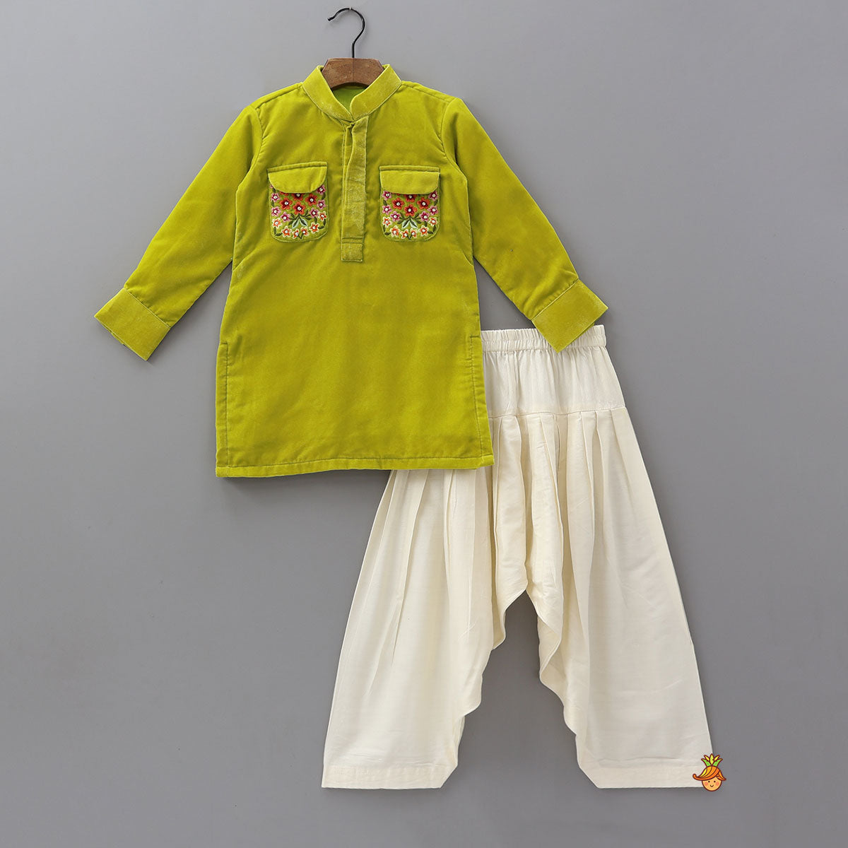 Embroidered Patch Pocket Detail Velvet Kurta And Patiala