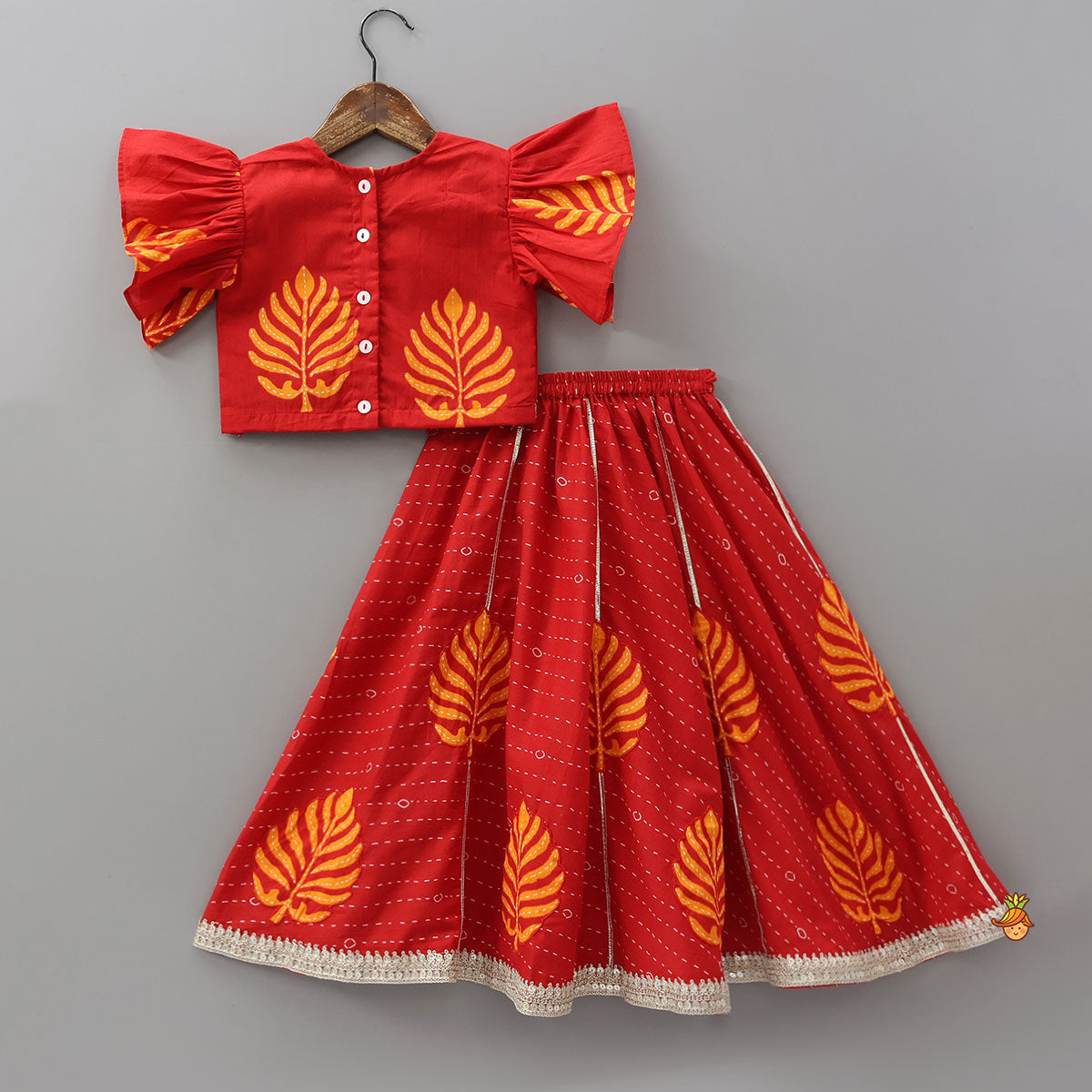 Ruffle Sleeve Printed Top And Lehenga With Dupatta