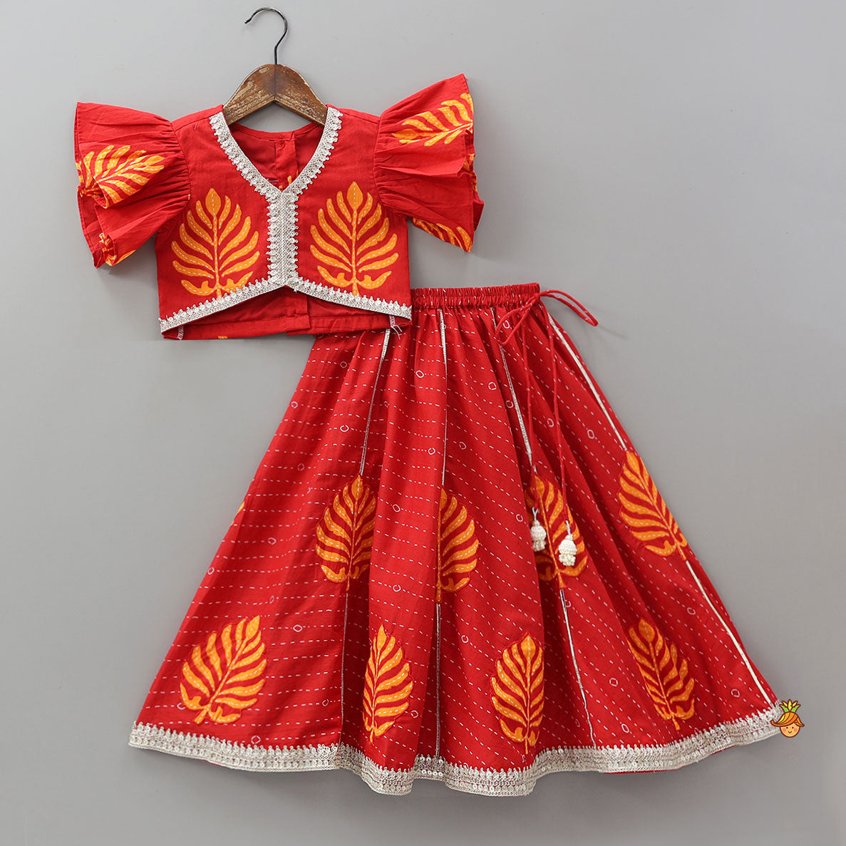 Ruffle Sleeve Printed Top And Lehenga With Dupatta