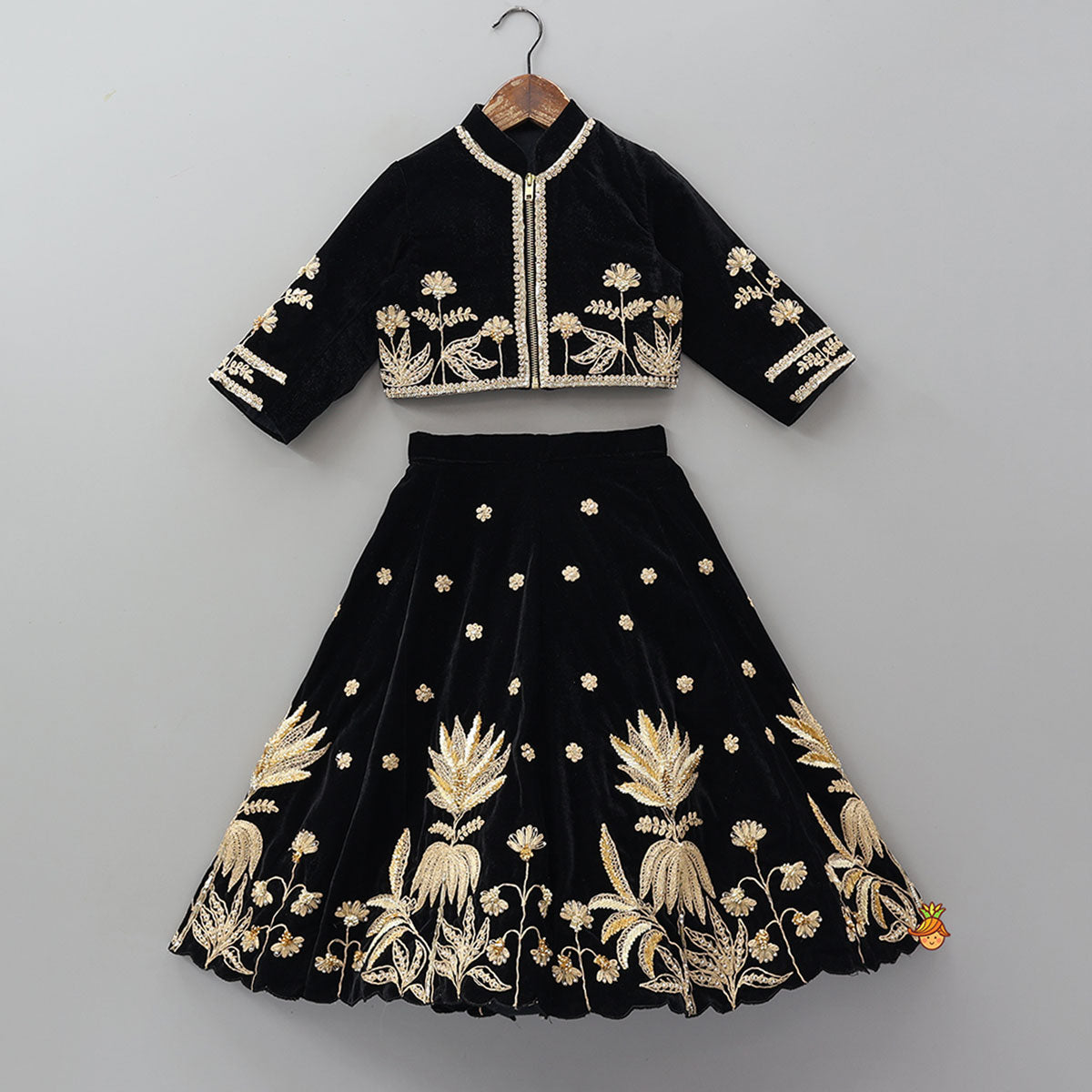 Stand Collar Velvet Charming Top And Lehenga