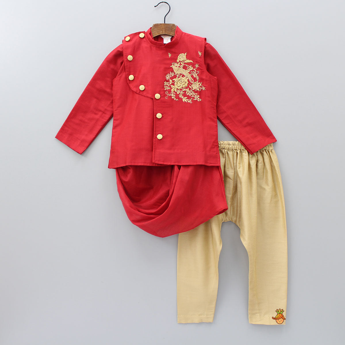 Red Cowl Style Kurta And Beige Pyjama With Embroidered Jacket