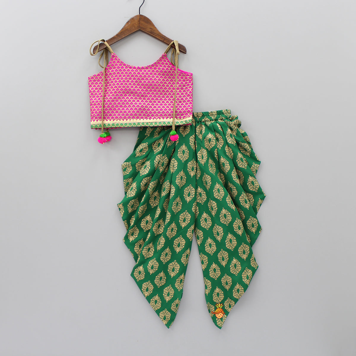 Thread Embroidered Top With Dark Green Printed Dhoti