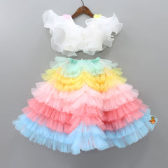 Pre Order: Frilly White Top With Multicolour Layered Skirt
