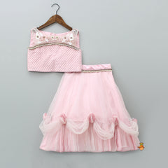 Floral Pearl And Beaded Top With Frilled Ghagra And Dupatta